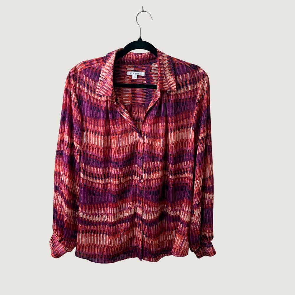 Chicos Dashy Waves Abstract Top Plum Purple Red Size 3 XL Boho Fall Layering NWT